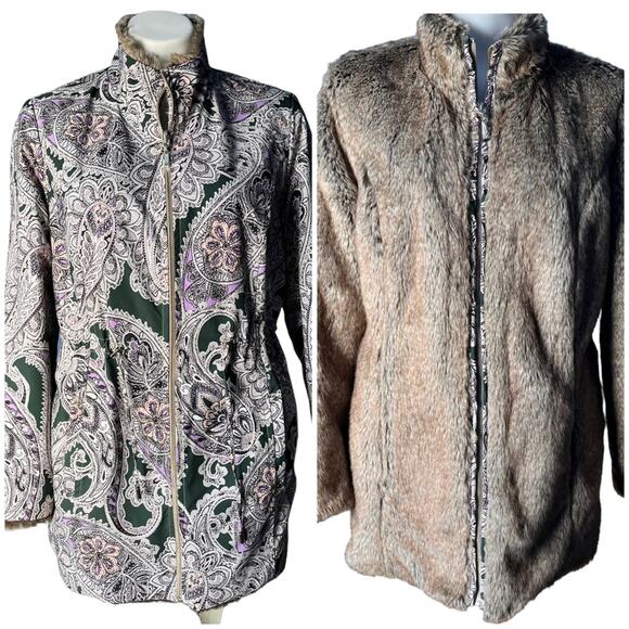 Chico’s reversible paisley faux fur water resistant jacket size large - Picture 1 of 12
